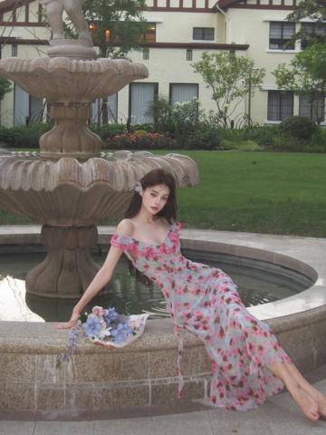 Romantic A Line Spaghetti Strap Print Floral Chiffon Prom Dress Outfits HZ1023